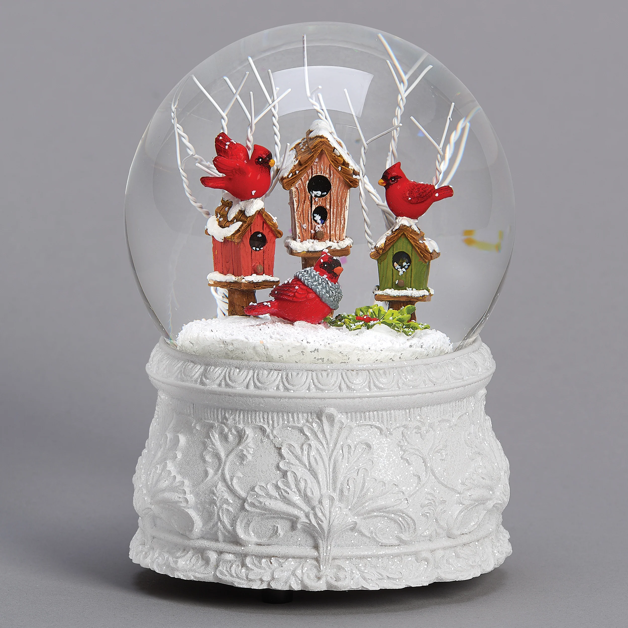 Glitterdome Musical Cardinals with Birdhouses – "Winter Wonderland" Tune