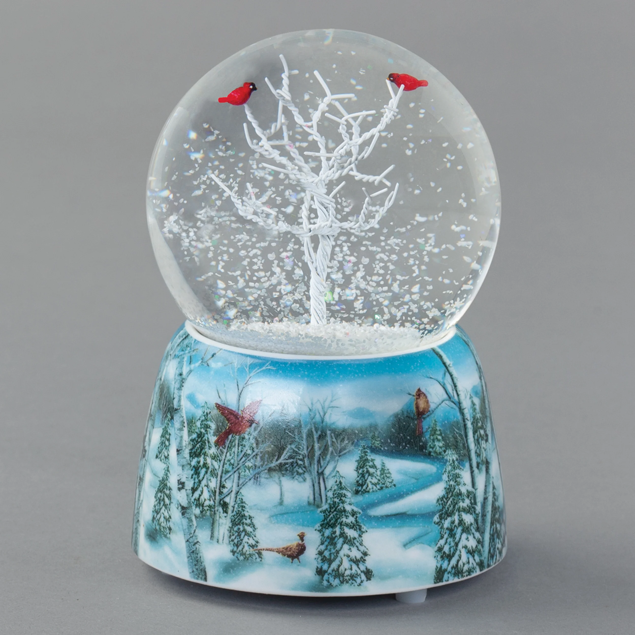 Glitterdome Musical Cardinals with Cardinal Scene Base - "Here We Come a Caroling" Tune
