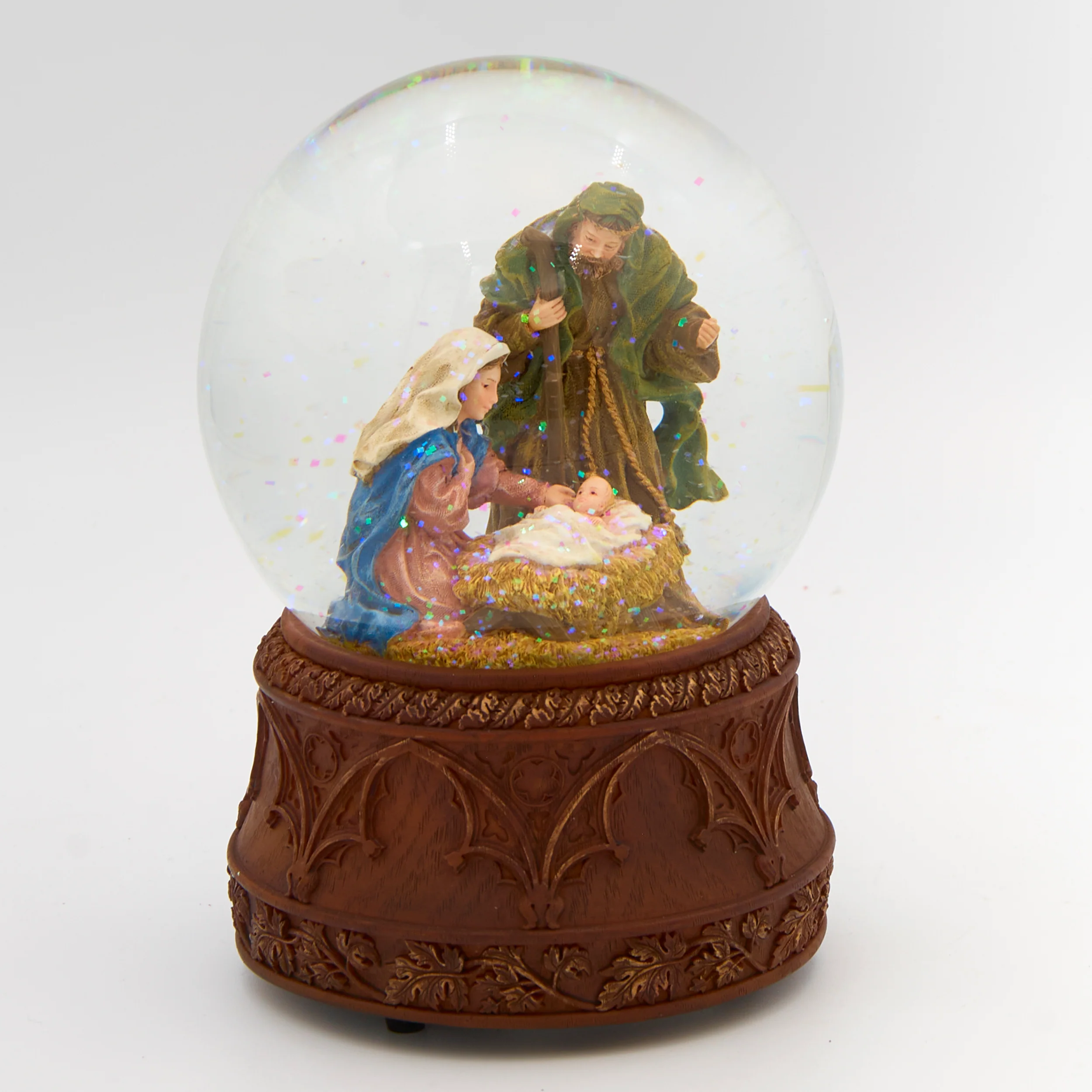 Glitterdome Musical Holy Family Carved Wood Base - "O Holy Night" Tune - Image 2