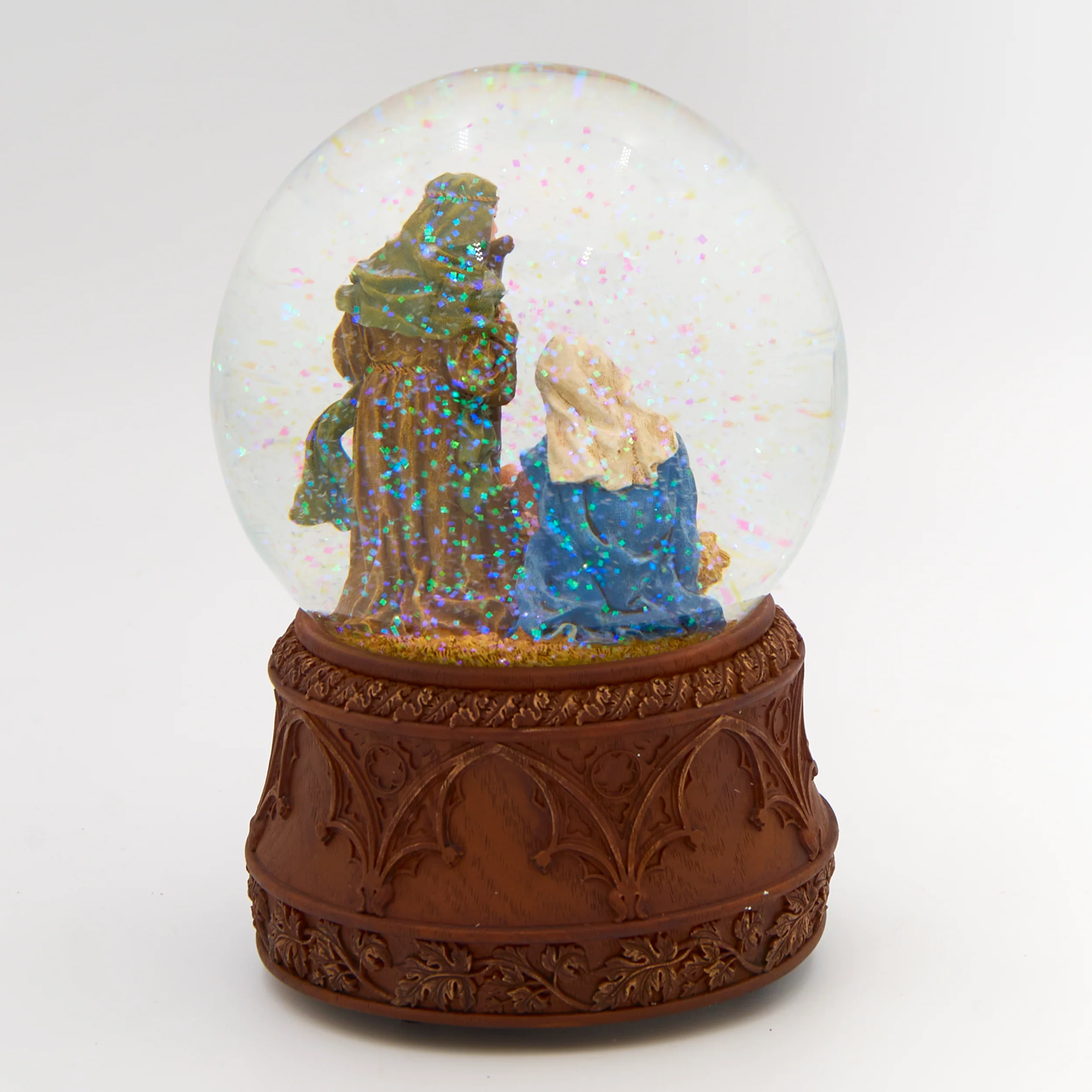 Glitterdome Musical Holy Family Carved Wood Base - "O Holy Night" Tune - Image 3