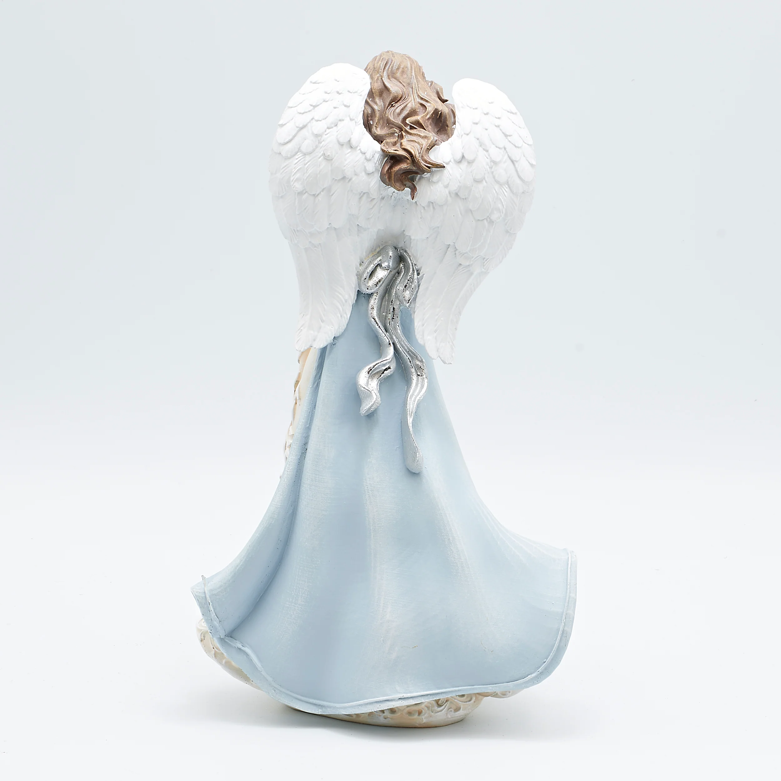 Angel with Leaf Pattern Blue Dress Holding Cardinal Figure - Image 3