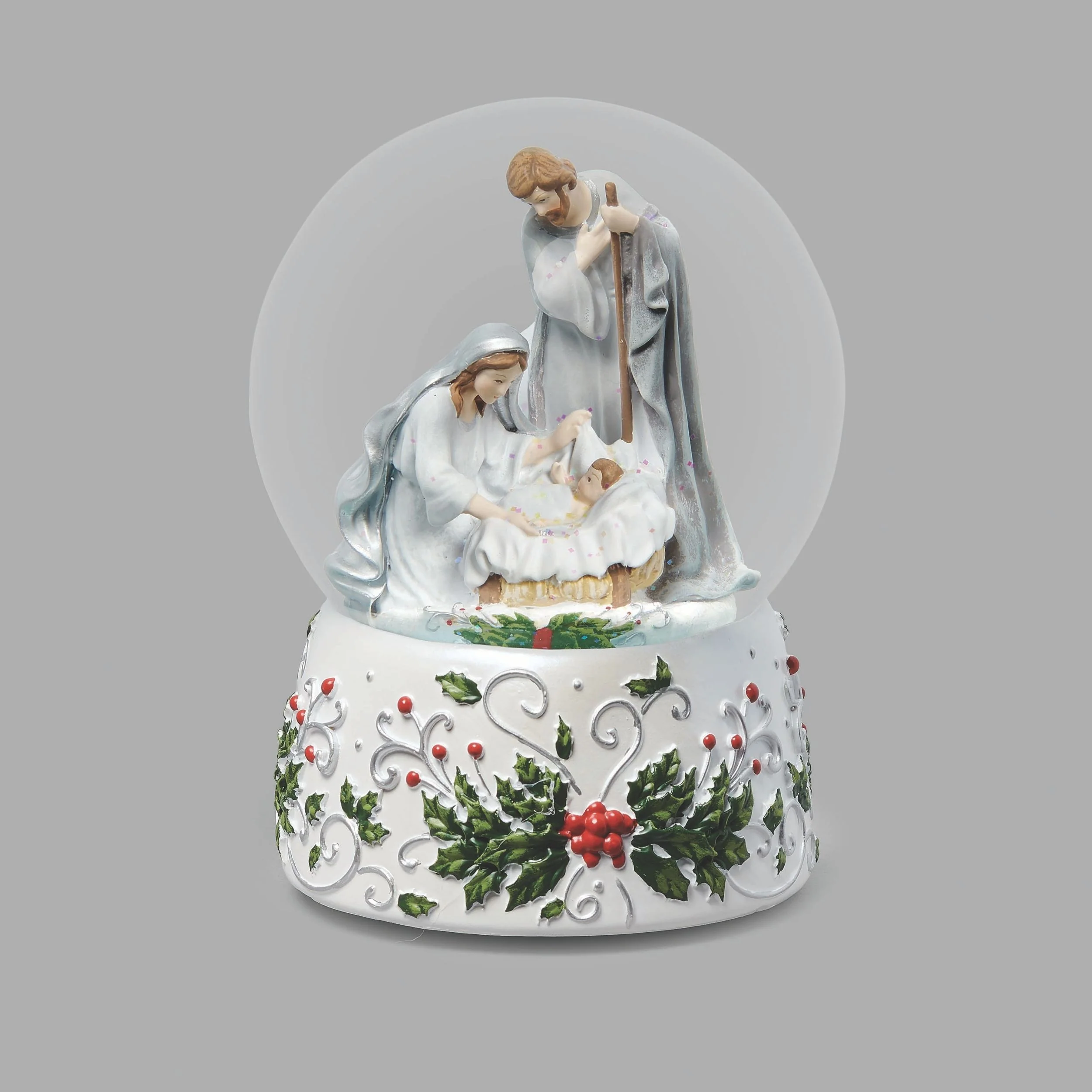 Glitterdome Holy Family with Holly Berry Silver Swirl - "Silent Night" Tune