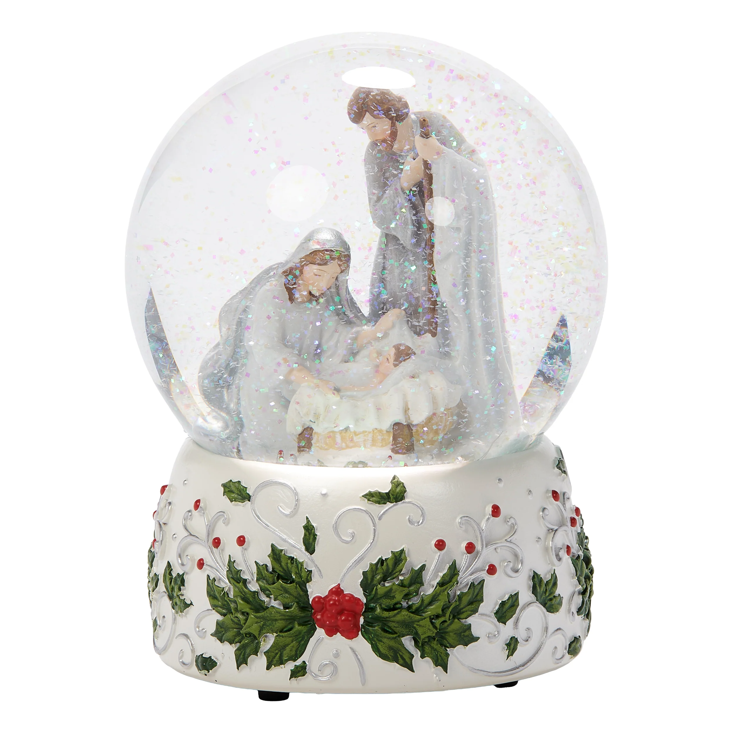 Glitterdome Holy Family with Holly Berry Silver Swirl - "Silent Night" Tune - Image 5