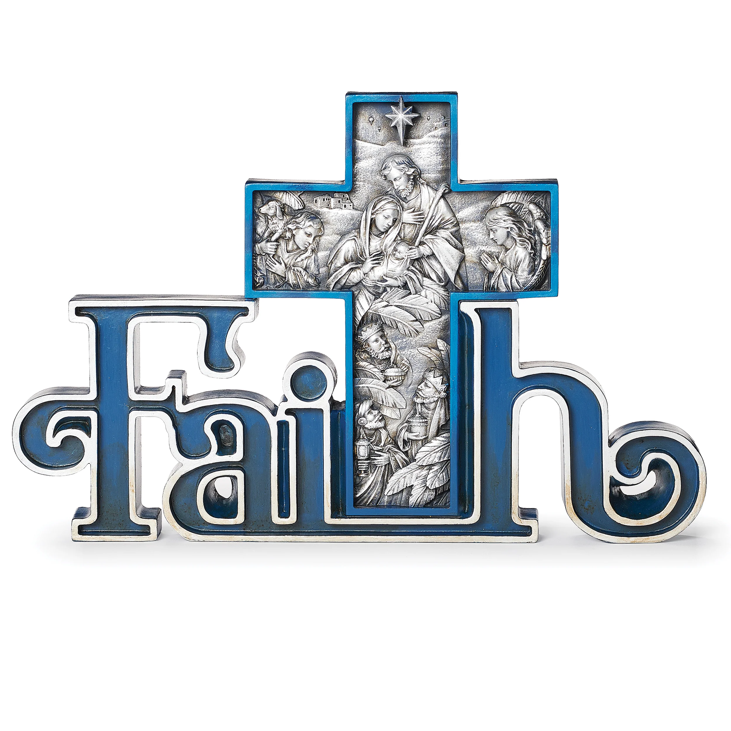 Joseph's Studio "FAITH" Blue and White Nativity Scene with Cross