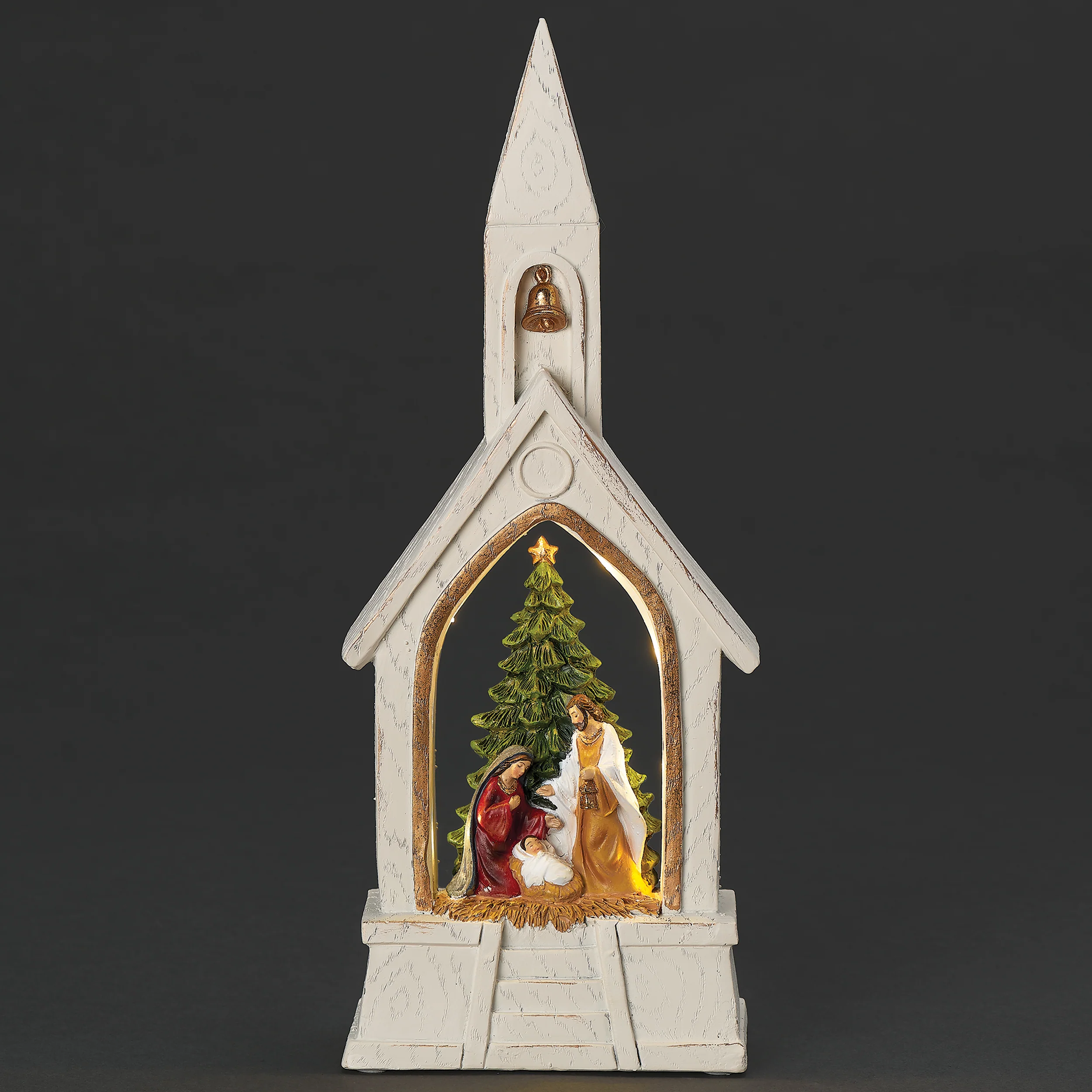 Lighted Church with Holy Family Scene