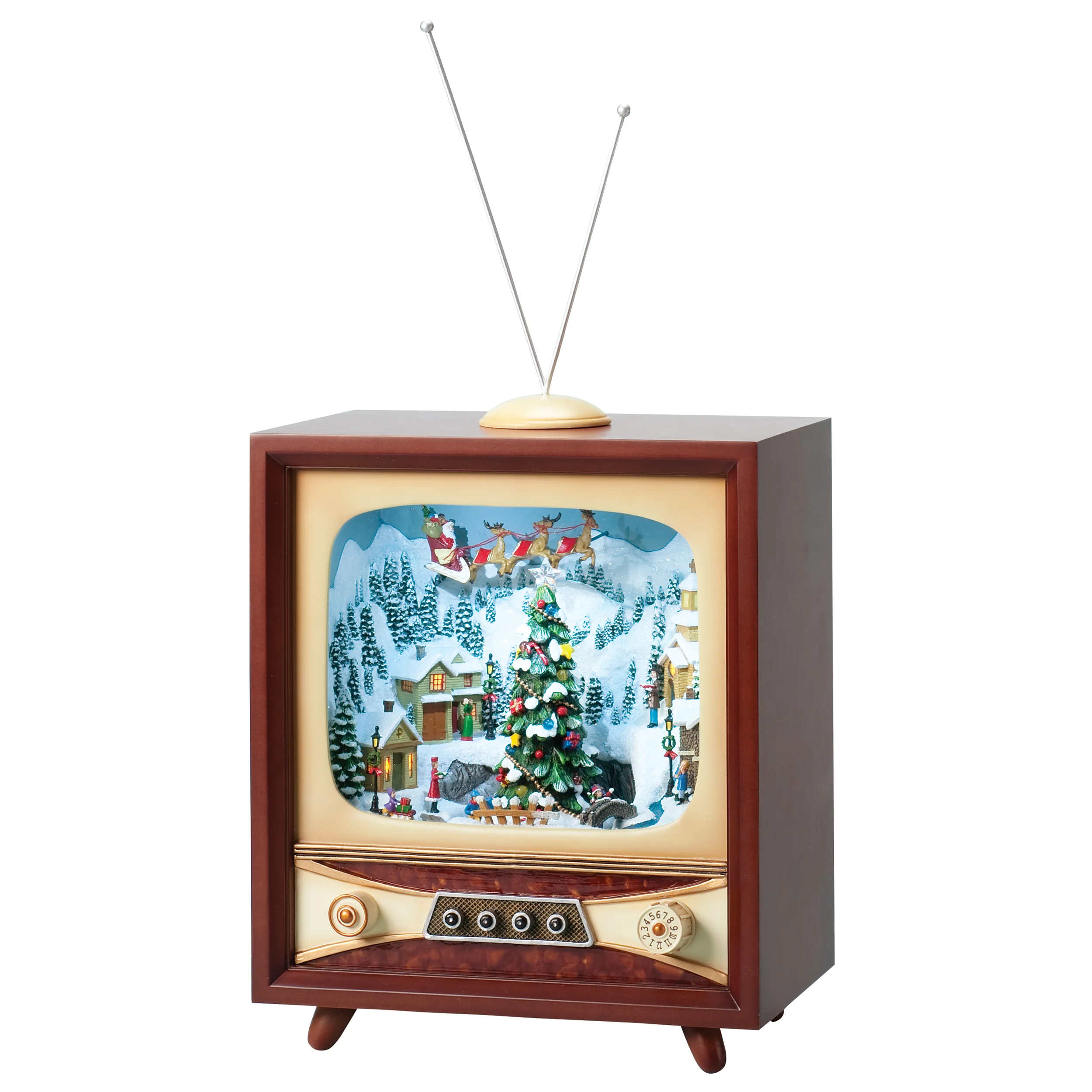 Amusements Retro TV Lighted Musical Rotating Train & Flying Santa Over Village