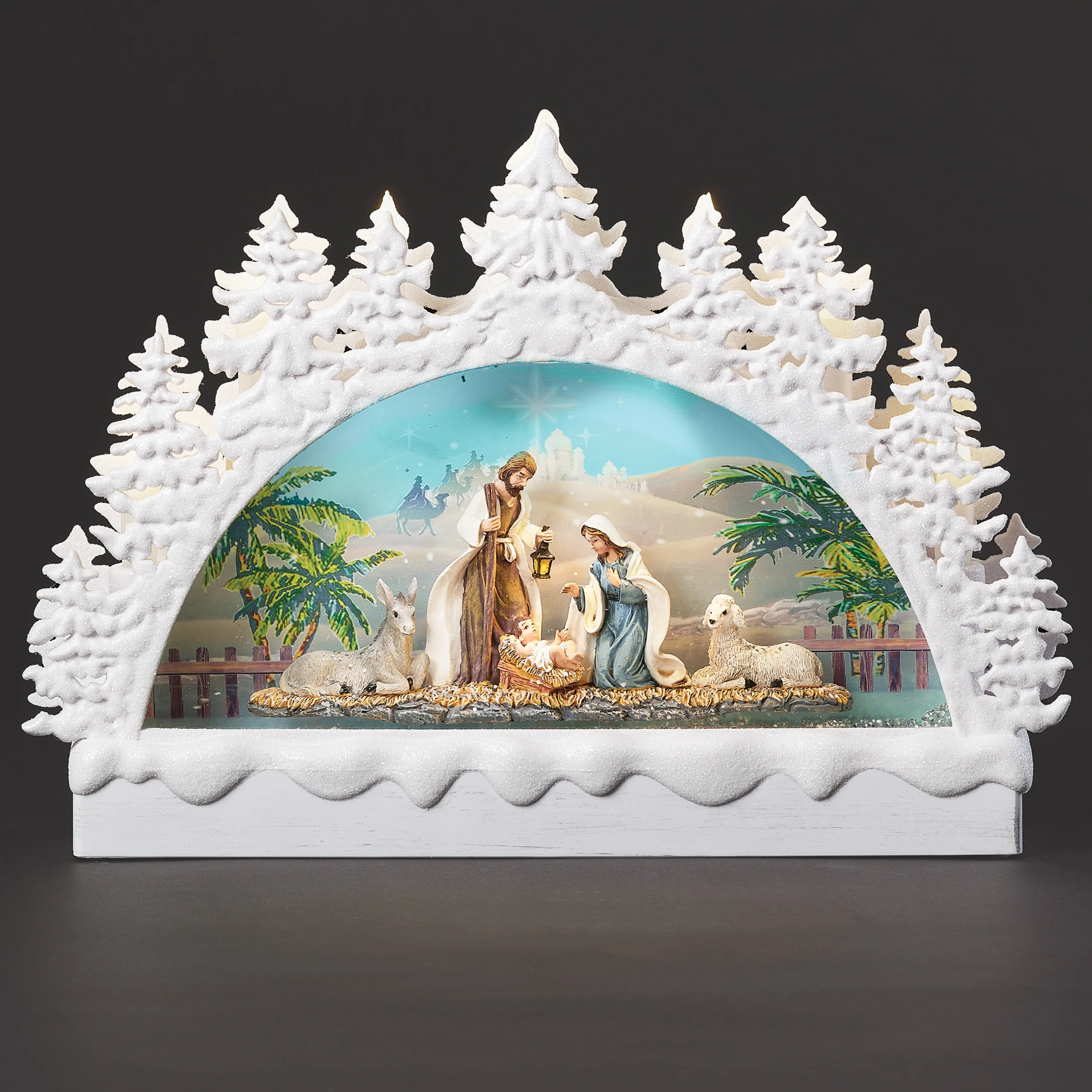 Confetti Lites Lighted Swirl White Tree Arch with Holy Family