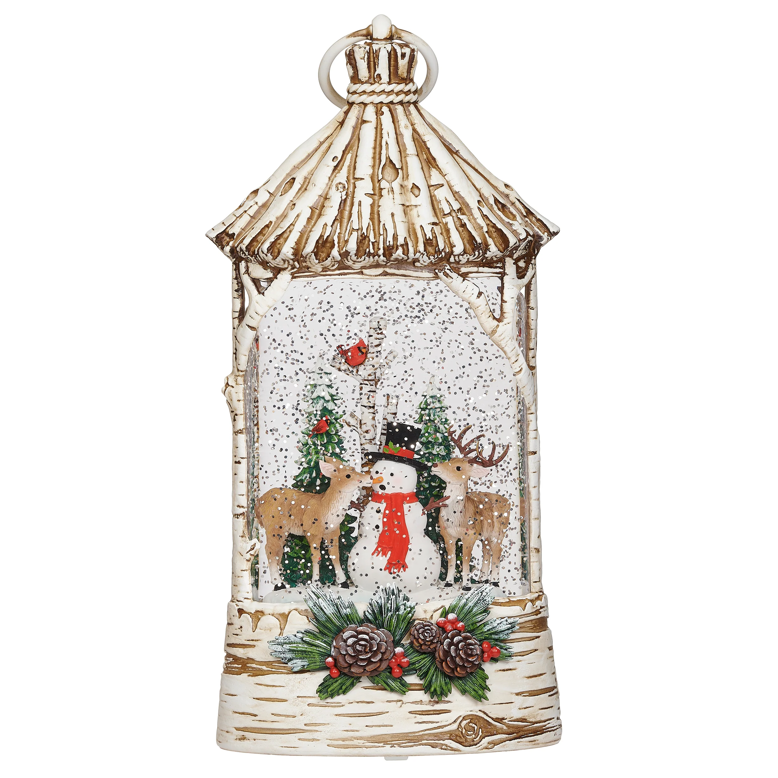 Lighted Swirl Birch-Look Lantern with Snowman and Deer Scene - Confetti Lites - Image 2