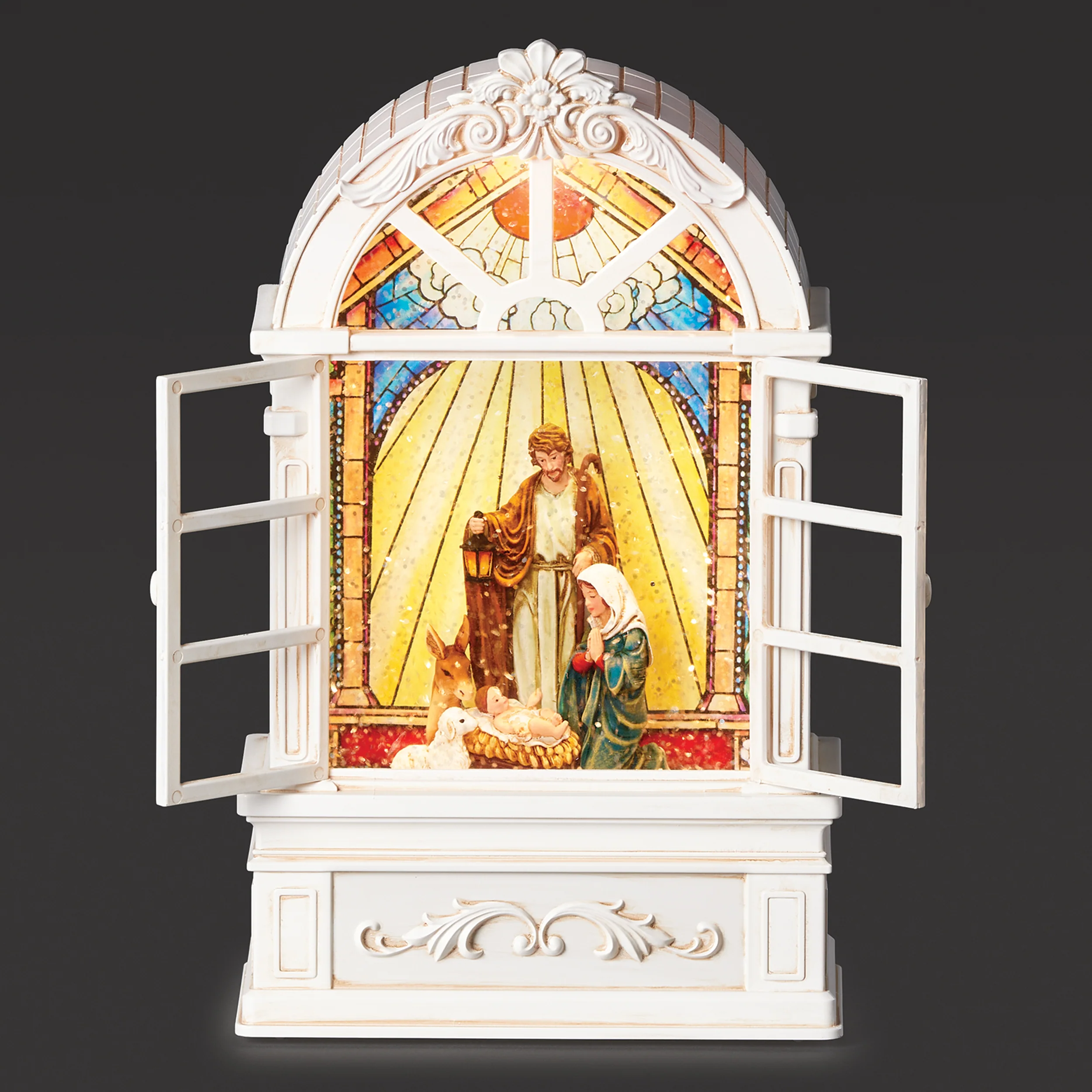 Confetti Lites Lighted Swirl Church Window with Stained Glass Holy Family Scene