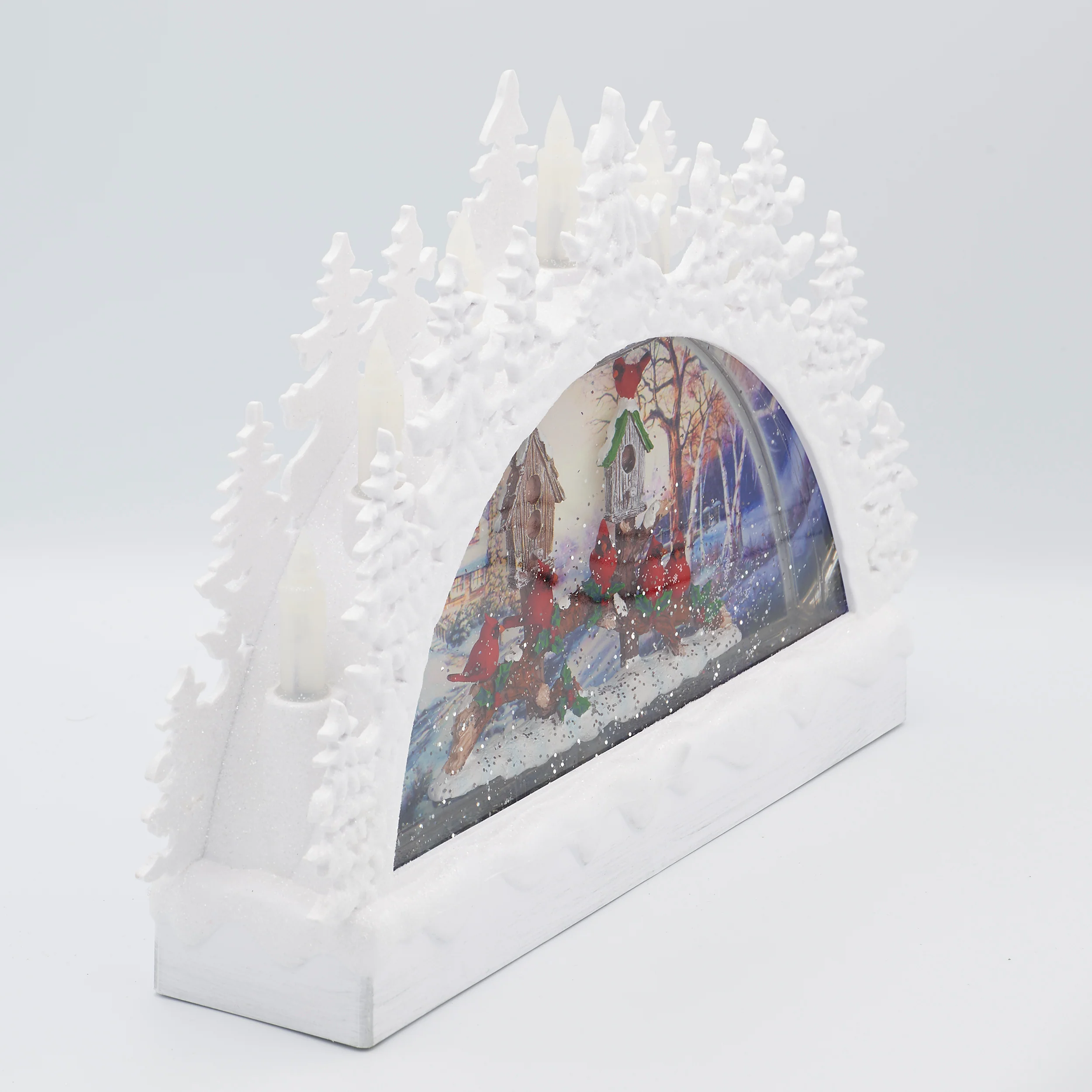 Confetti Lites Lighted Swirl Tree Arch with Cardinals on Snowy Branch Scene - Image 2