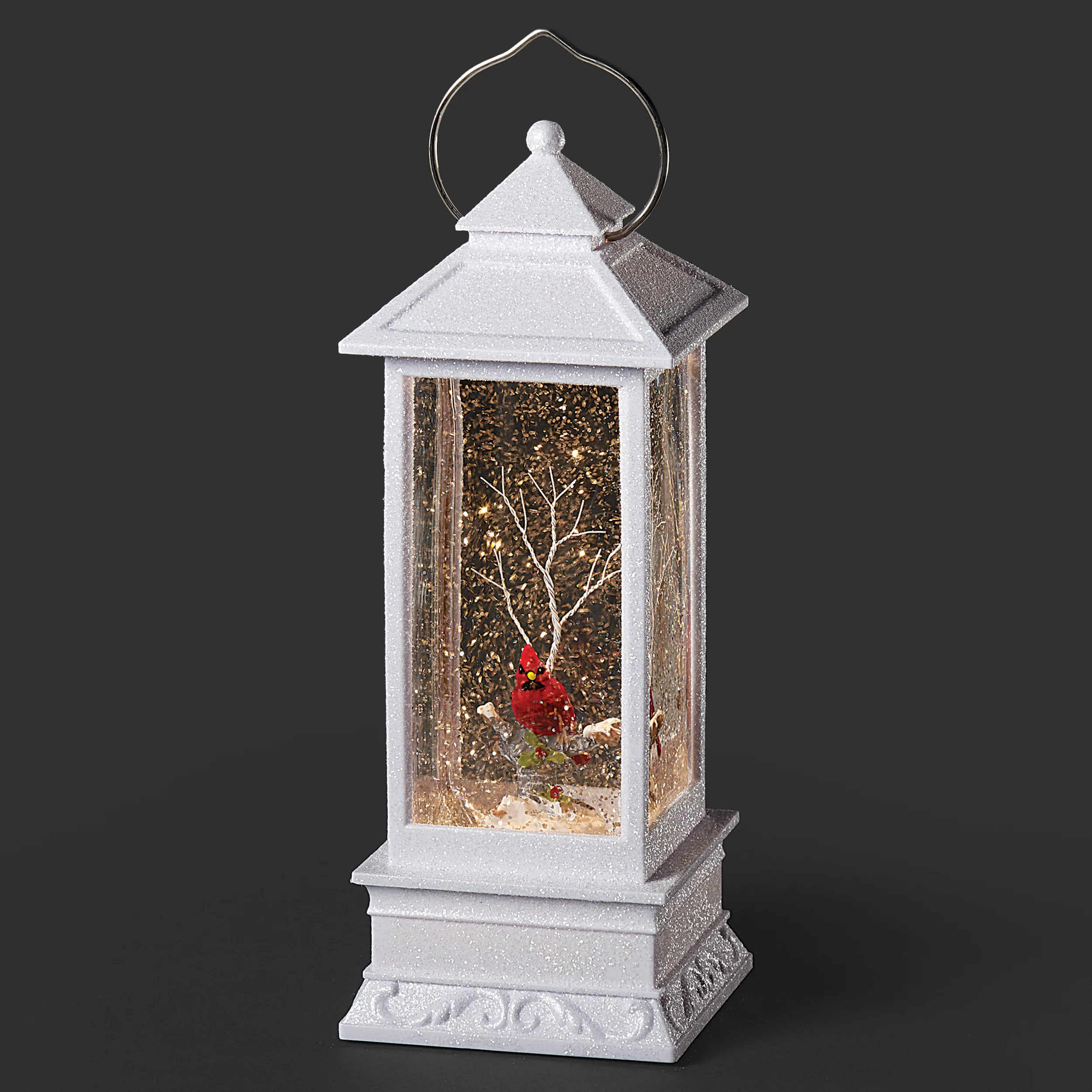 Confetti Lites Lighted Swirl White Lantern with a Cardinal on Branch