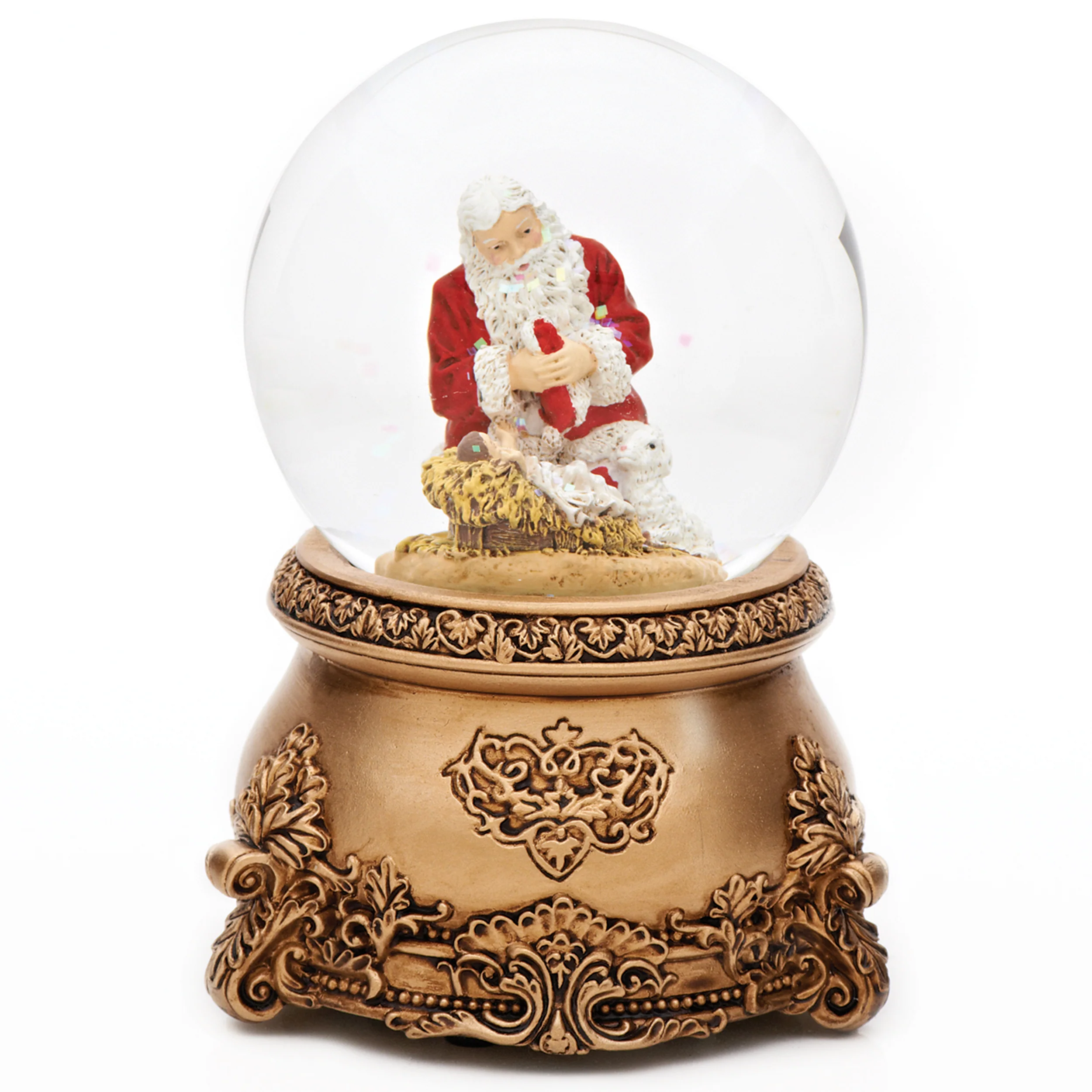 Glitterdome Musical Kneeling Santa with Antique Gold Base- "O' Come All Ye Faithful" Tune