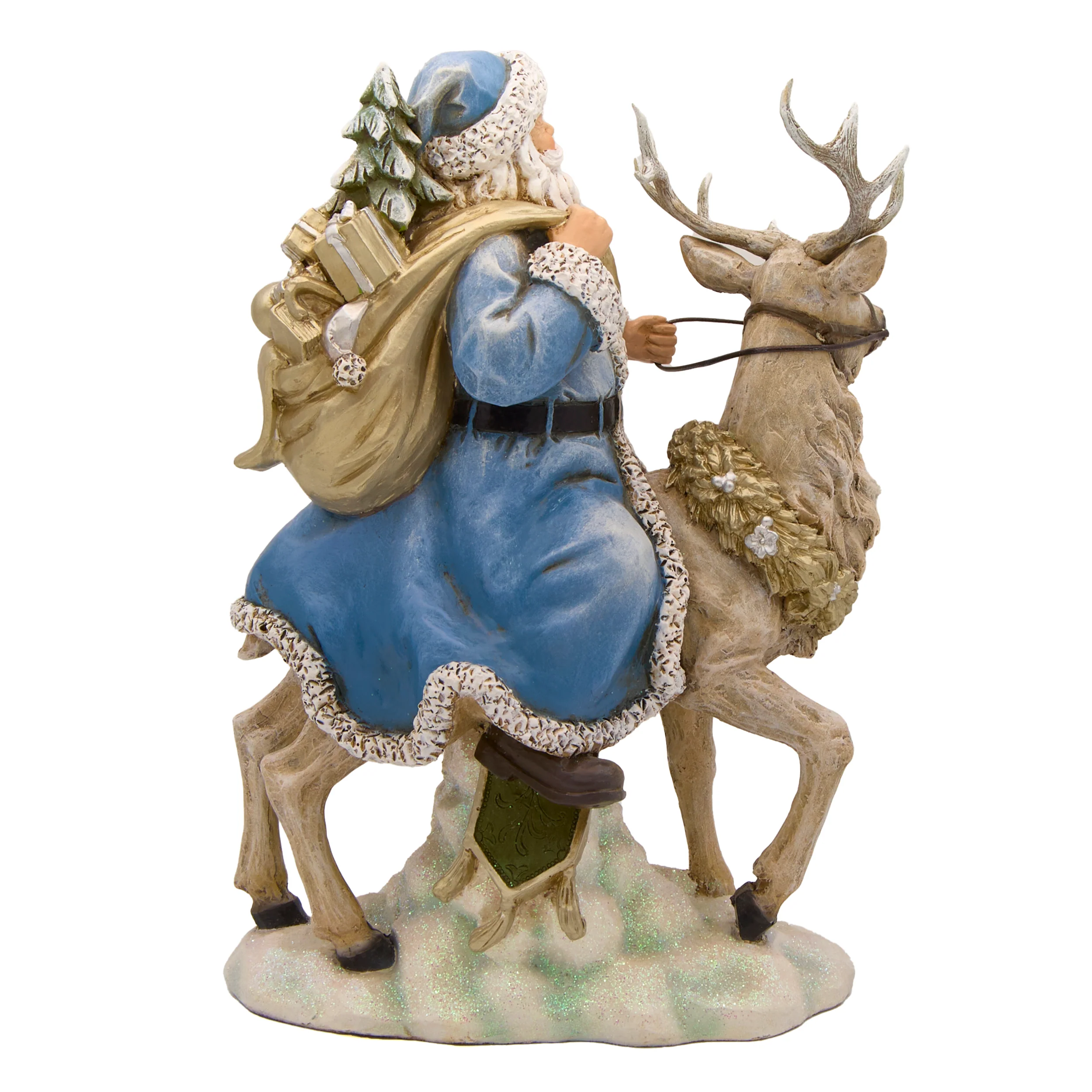 Santa Riding Reindeer with Blue Suit & Champagne Gold Bag - Image 2
