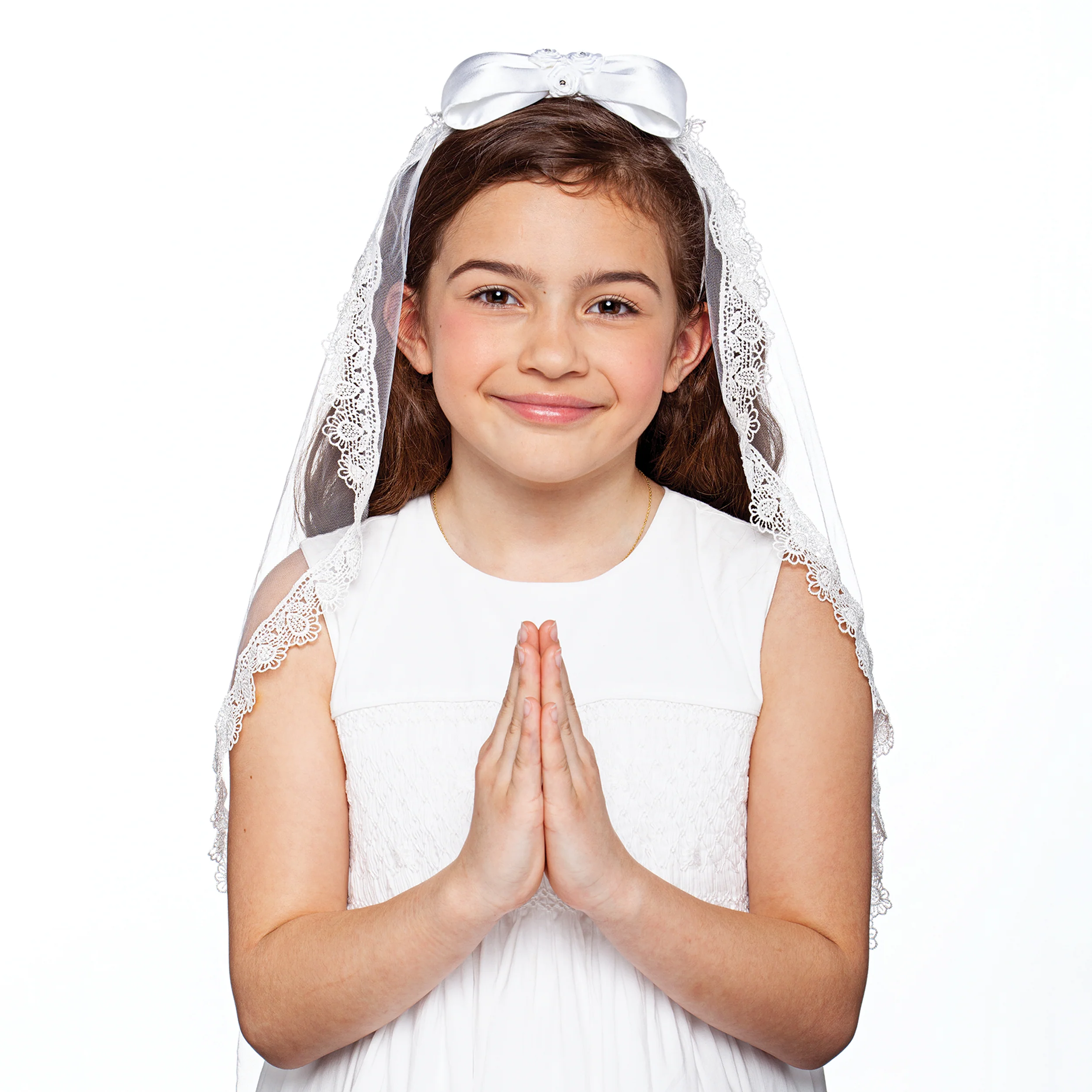 Sophia First Communion Veil with Satin Bow & Lace Trim