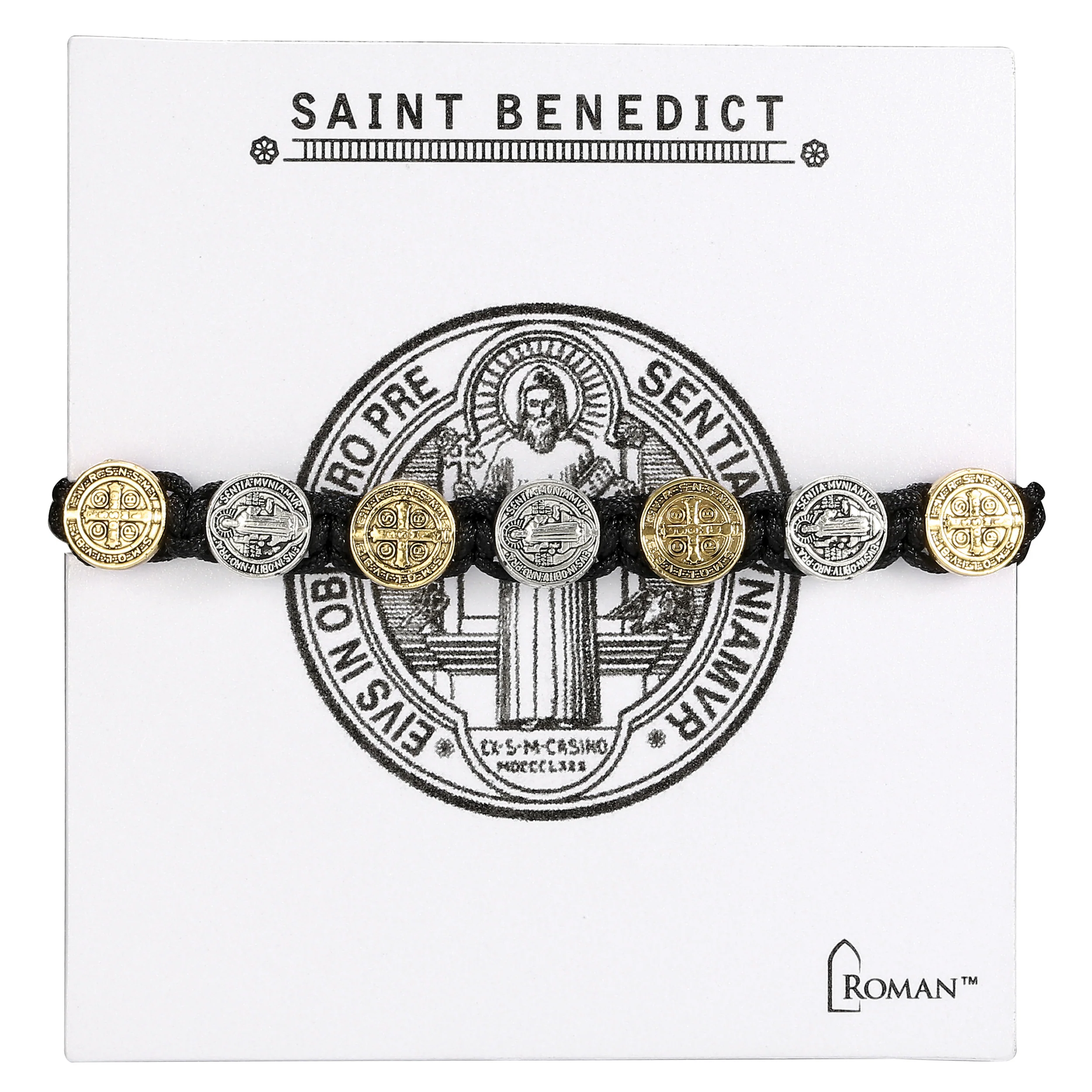 St. Benedict Cord Bracelet with Two Tone Round Medals