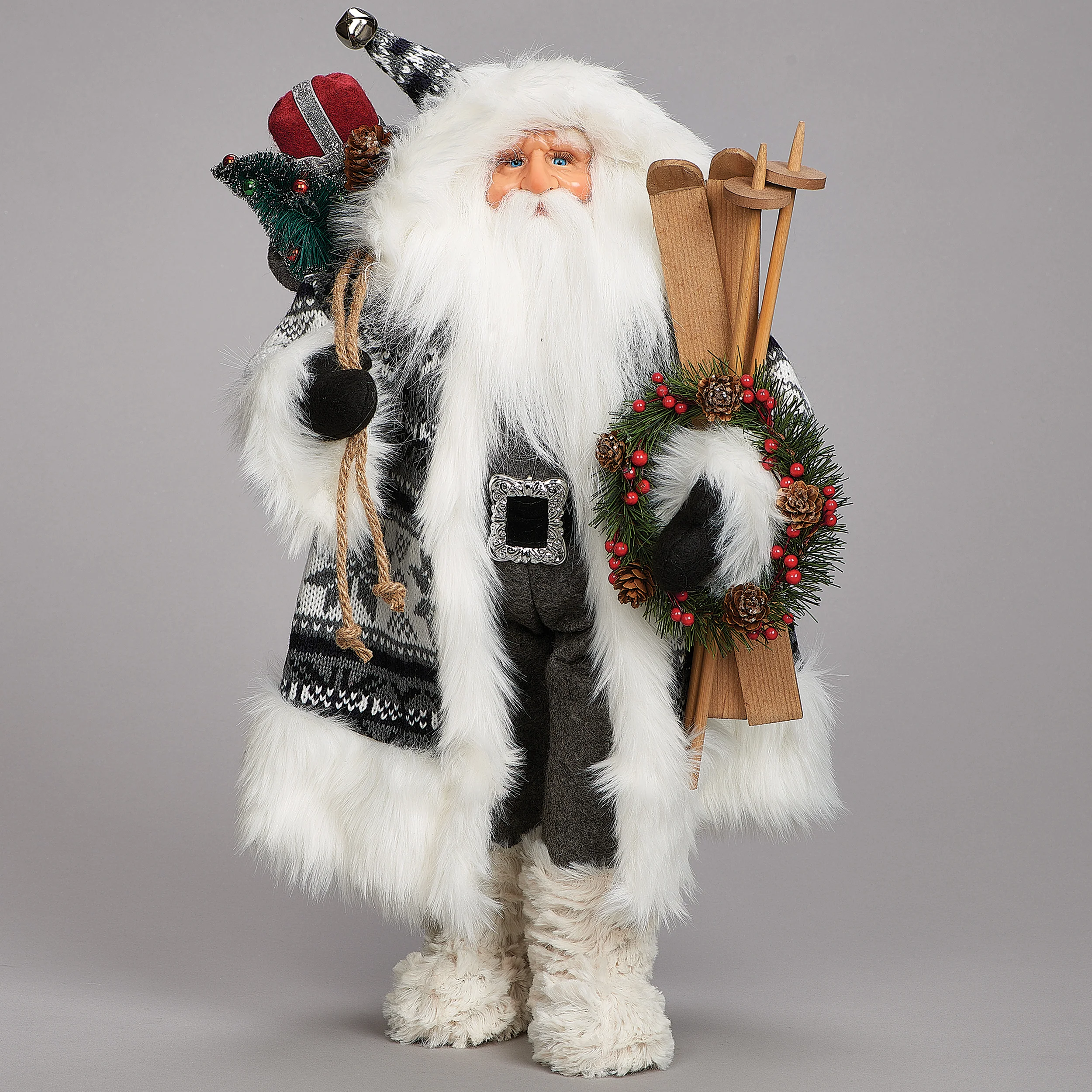 White & Grey Santa Figure with Skis in Knit Coat