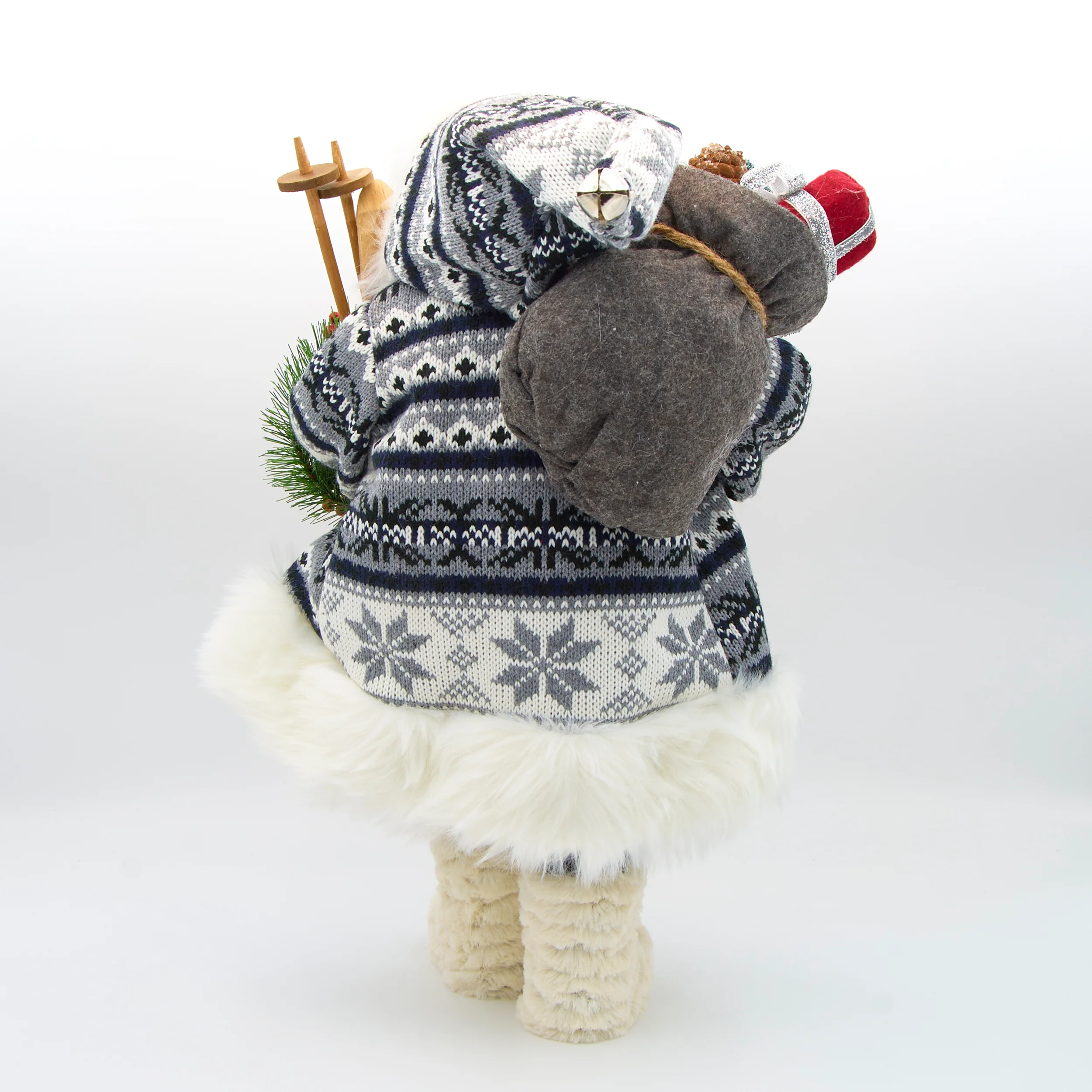 White & Grey Santa Figure with Skis in Knit Coat - Image 3